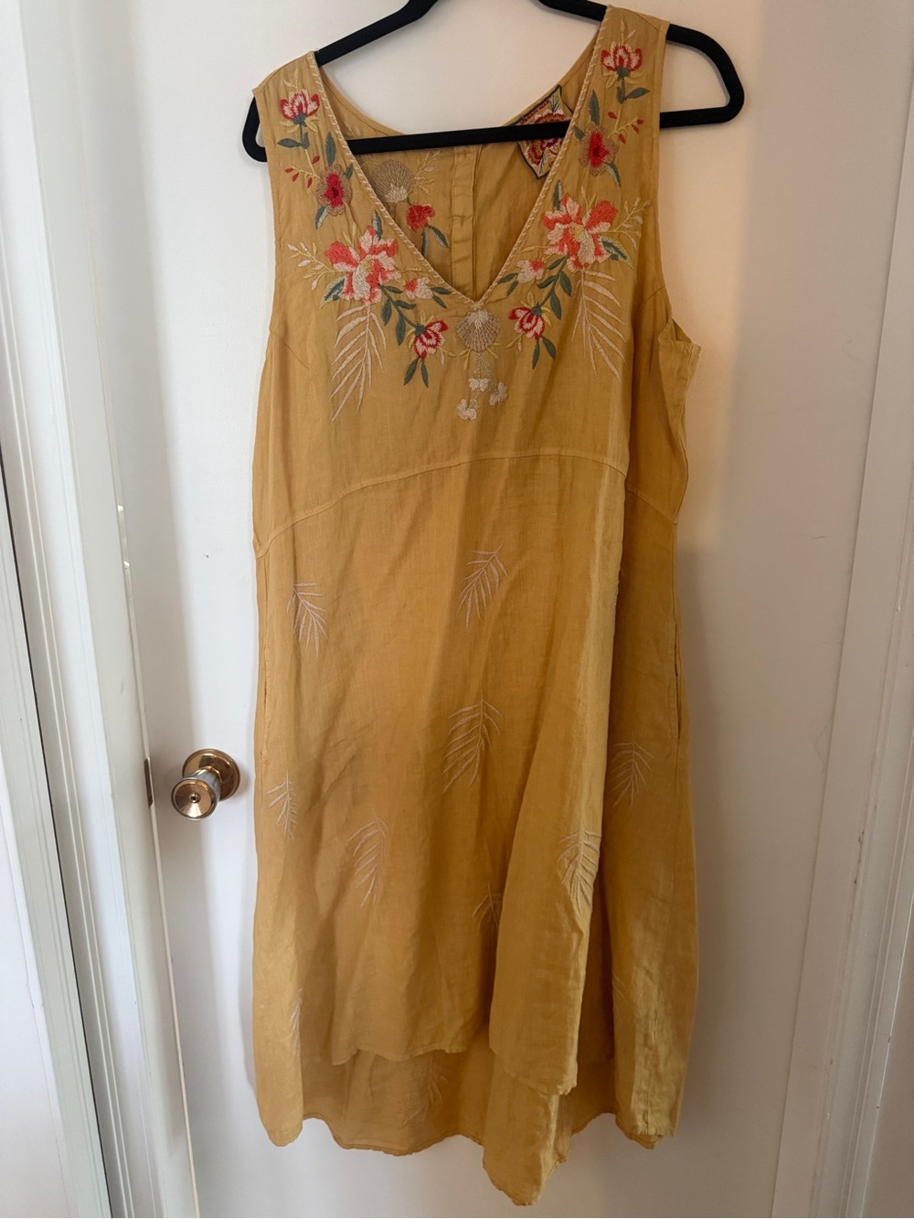 Johnny Was Mustard Yellow Embroidered Linen Maxi Dress XL XXL Boho